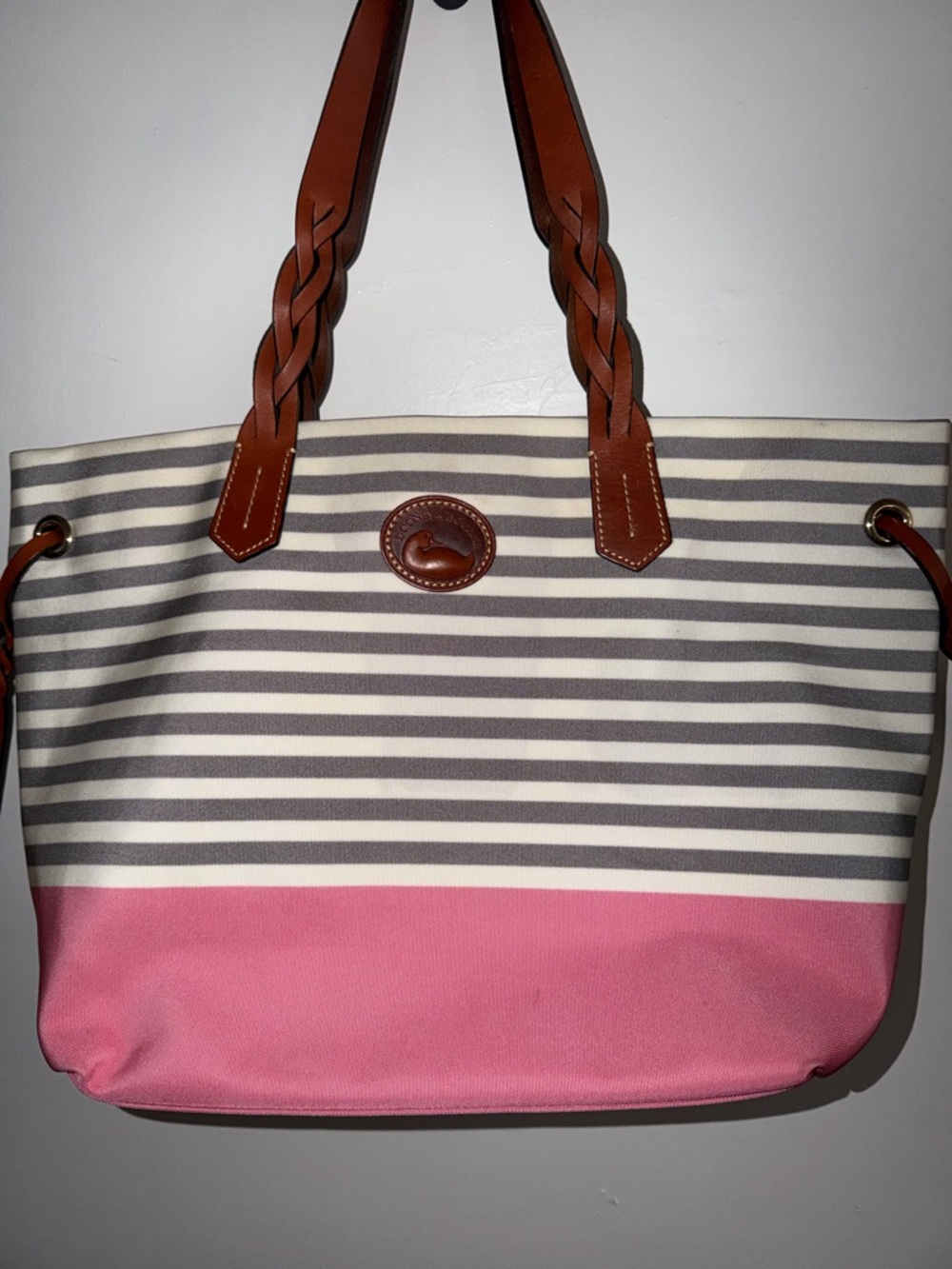 Dooney & Bourke Pink and Gray Striped Canvas Tote with Brown Leather Handles